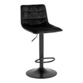 Tabouret de bar Middelfart velours noir capitonné pied central acier noir vue trois quarts