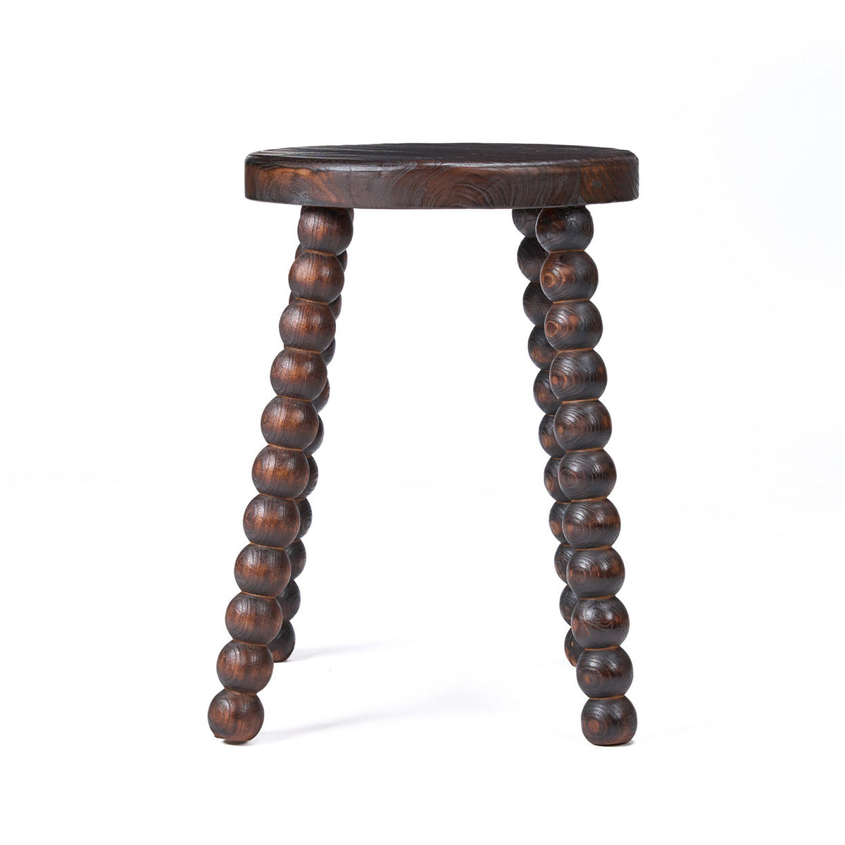 Tabouret Dango en manguier massif teinté noyer foncé vu de face assise ronde et pieds en chapelet de boules