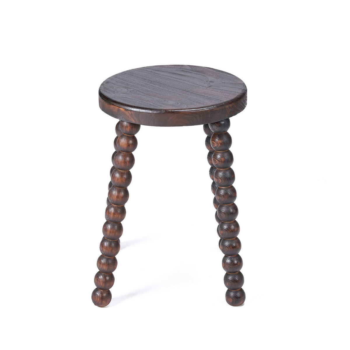Tabouret Dango vu légèrement de dessus assise ronde en manguier et pieds en boules
