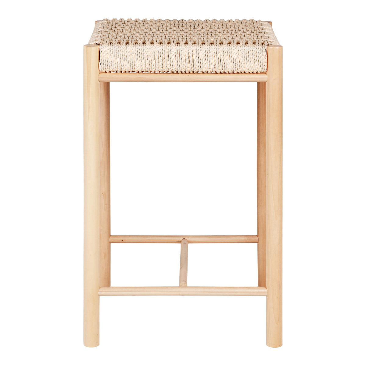 Tabouret de bar Abano vu de face assise tressée et structure en bois de peuplier naturel