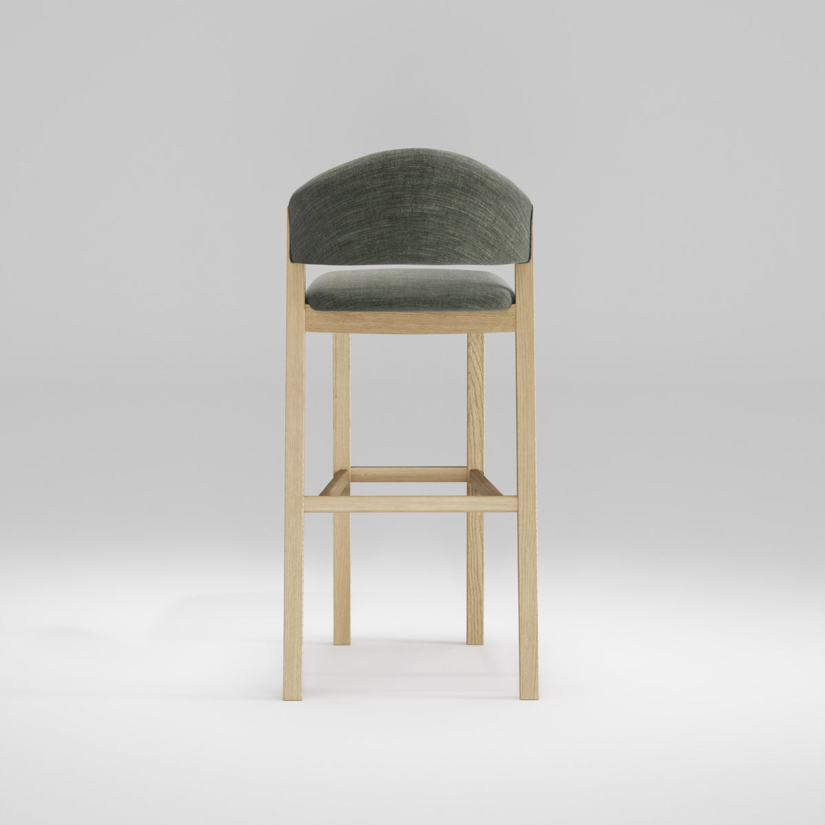 Tabouret de bar Caravela en chêne et tissu gris-vert vu de dos