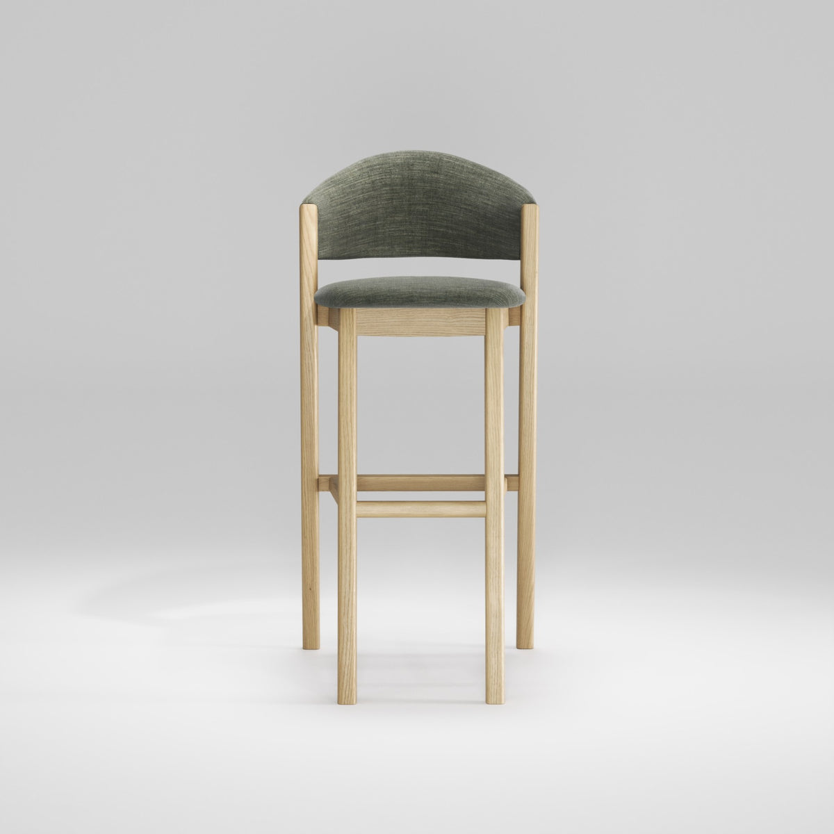 Tabouret de bar Caravela en chêne et tissu gris-vert vu de face