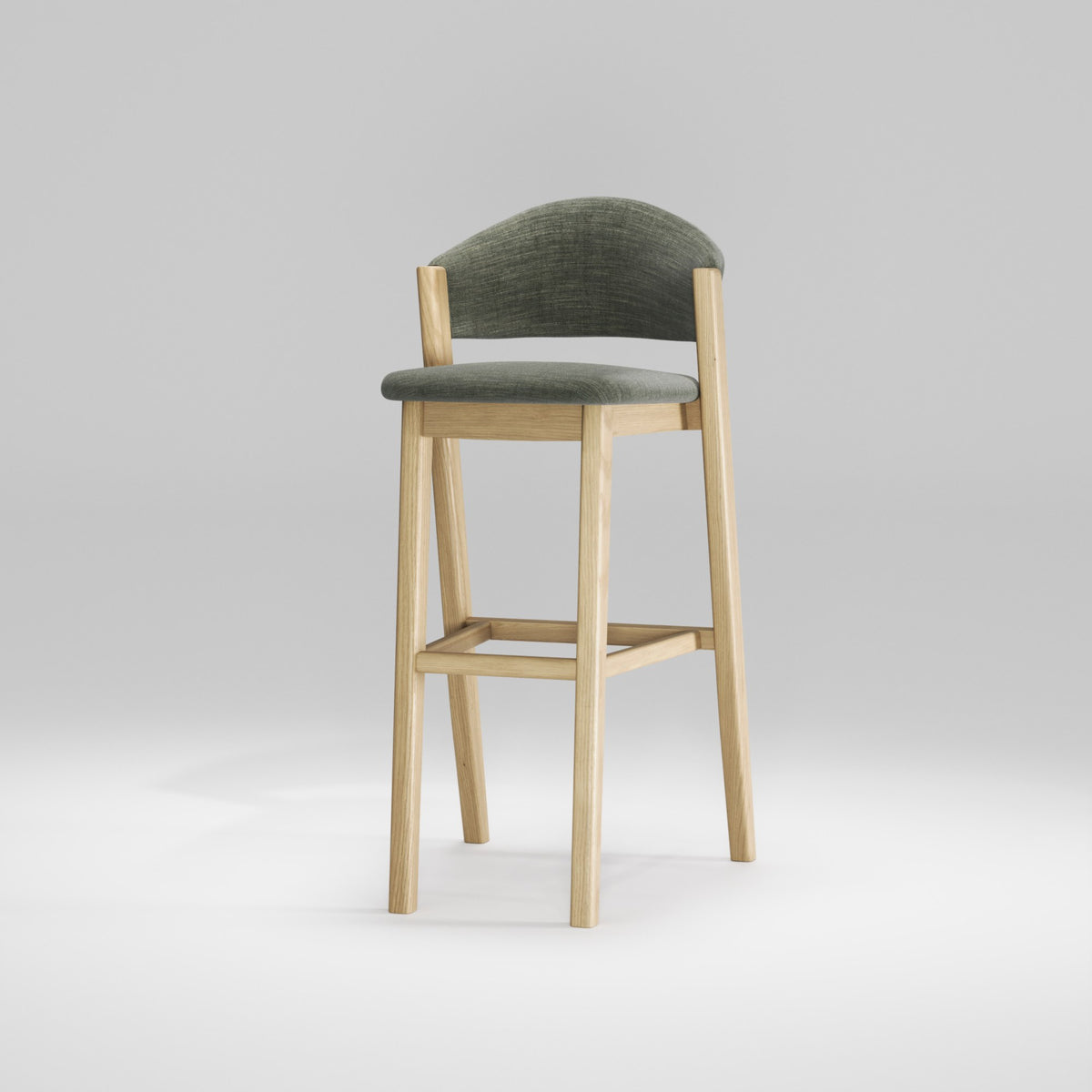 Tabouret de bar Caravela en chêne et tissu gris-vert vu de trois quarts