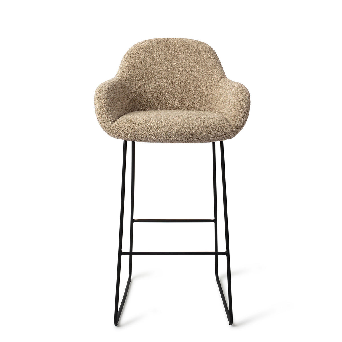 Tabouret Kushi kaki hauteur bar sur piètement luge noir vue de face coque arrondie et accoudoirs
