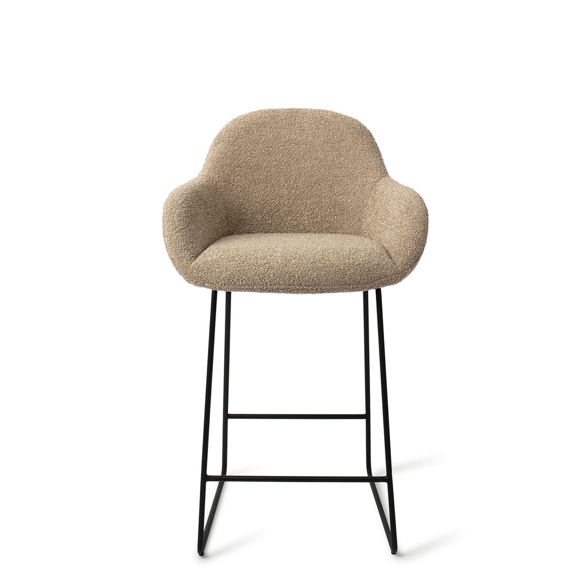 Tabouret Kushi kaki hauteur comptoir sur piètement luge noir vue de face coque arrondie et accoudoirs