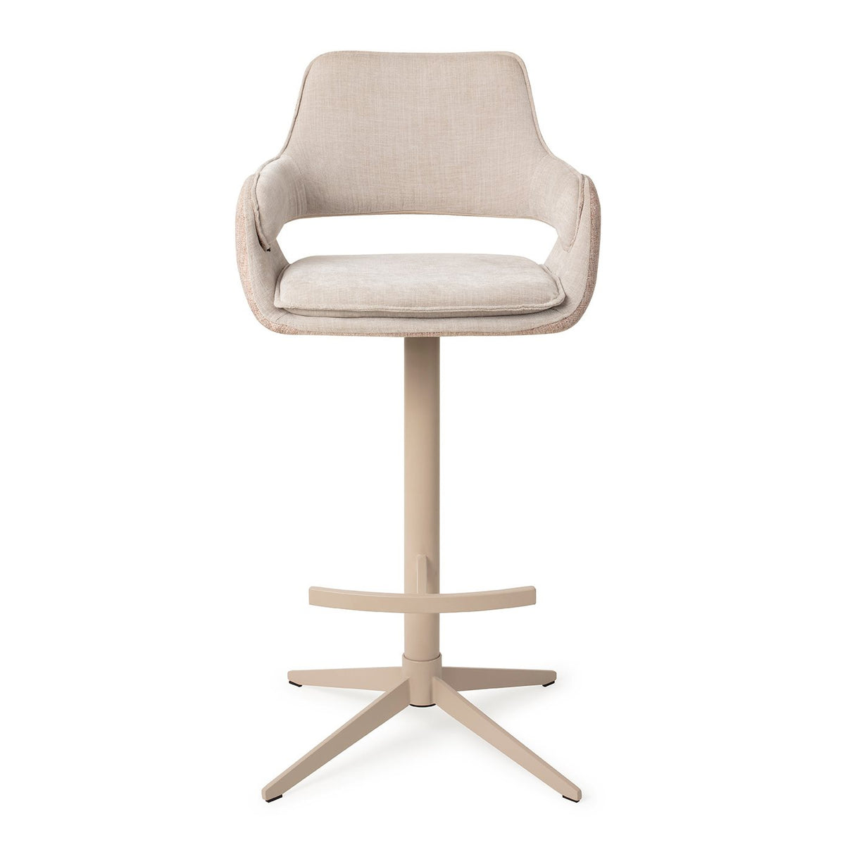 Tabouret Oketo grège hauteur bar sur pied central assorti vue de face avec ses accoudoirs et l'ouverture du dossier