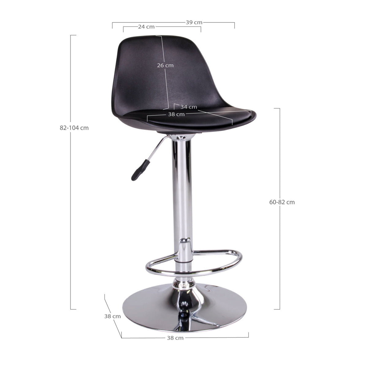 Schéma coté du tabouret Trondheim hauteur 82 à 104 cm assise de 60 à 82 cm largeur 39 cm base de 38 cm