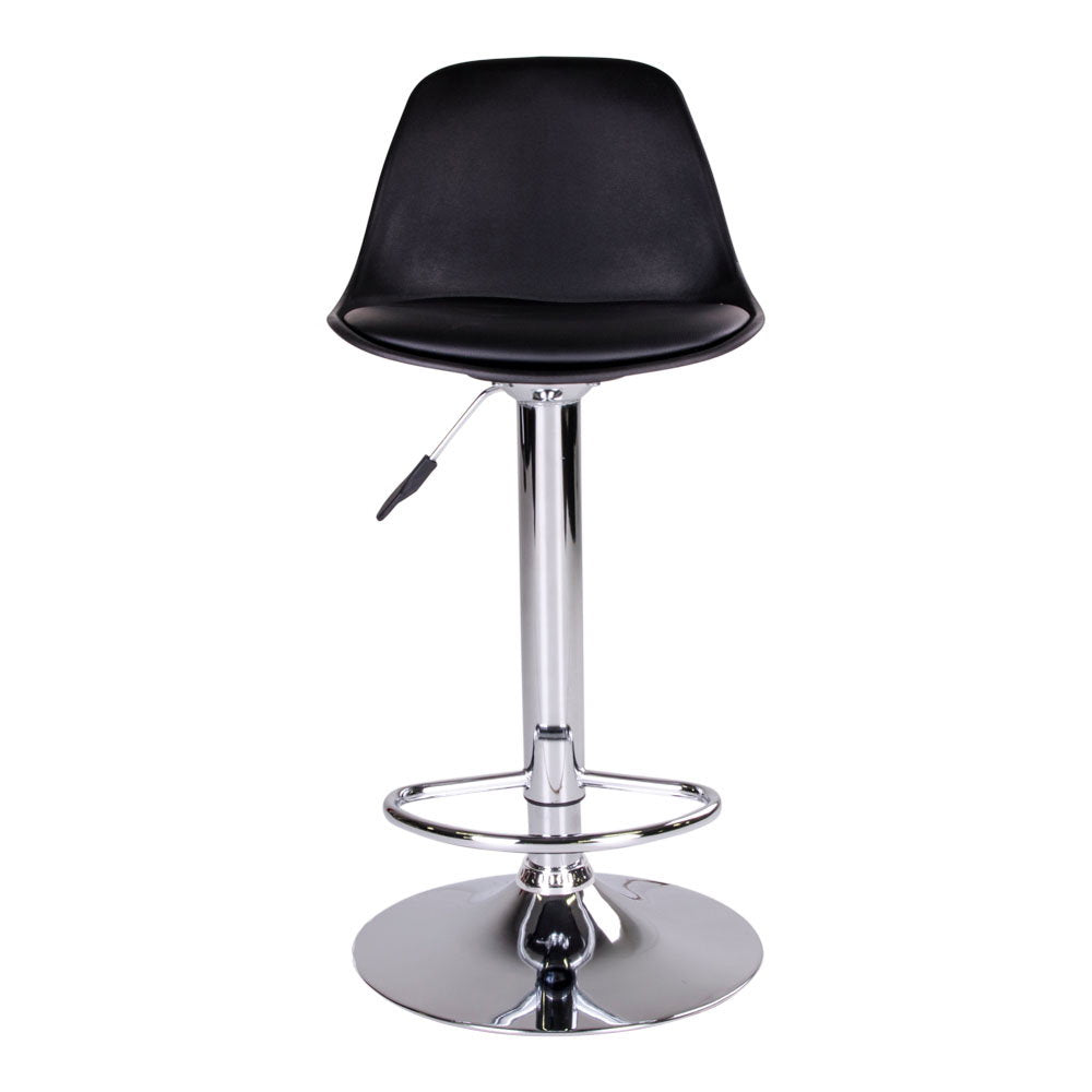 Tabouret Trondheim noir vu de face avec son levier de réglage et son repose-pieds chromé
