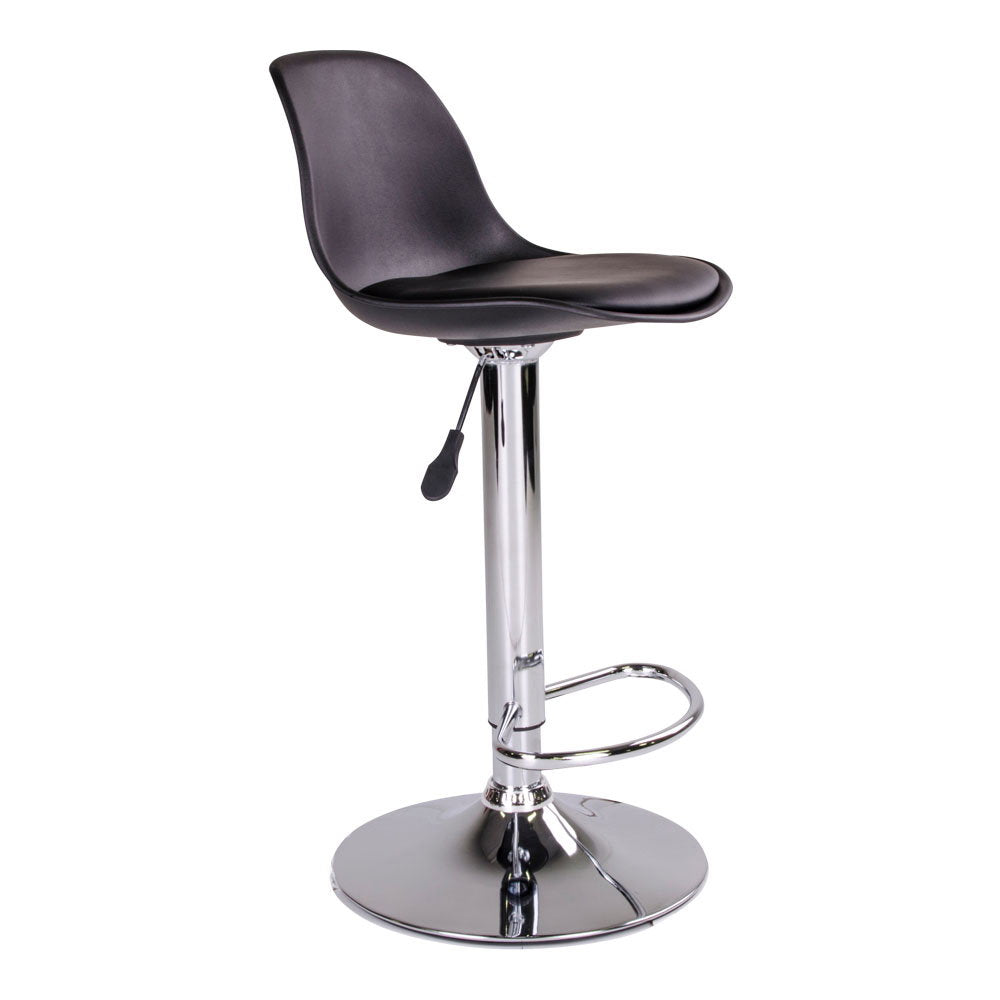 Tabouret Trondheim noir vu de profil avec sa coque enveloppante et sa base disque chromée