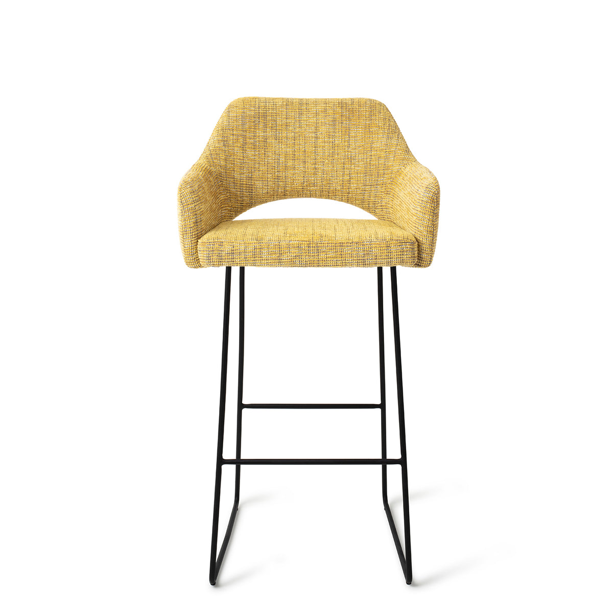 Tabouret Yanai jaune chiné hauteur bar sur piètement luge noir vue de face avec ses accoudoirs et l'échancrure du dossier