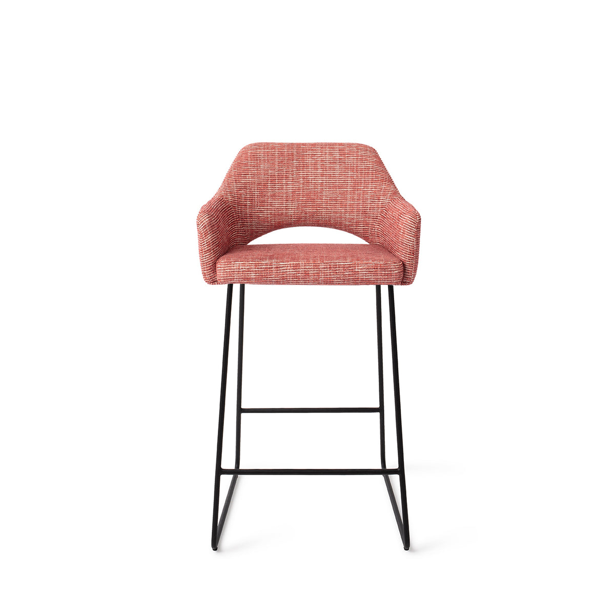 Tabouret Yanai rouge chiné hauteur comptoir sur piètement luge noir vue de face avec ses accoudoirs et l'échancrure du dossier