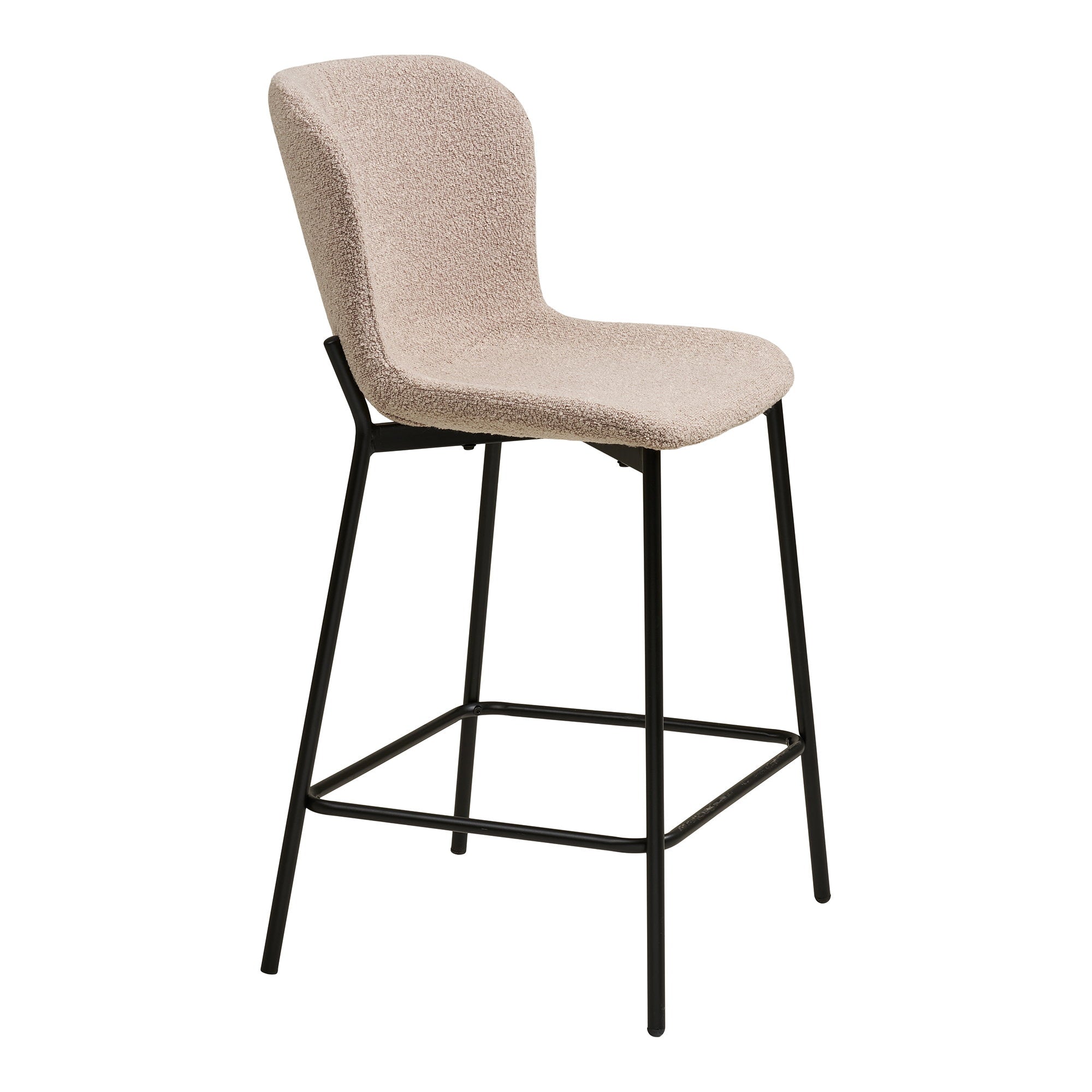 Tabouret Maceda bouclé beige vue trois quarts profil silhouette enveloppante structure acier noir