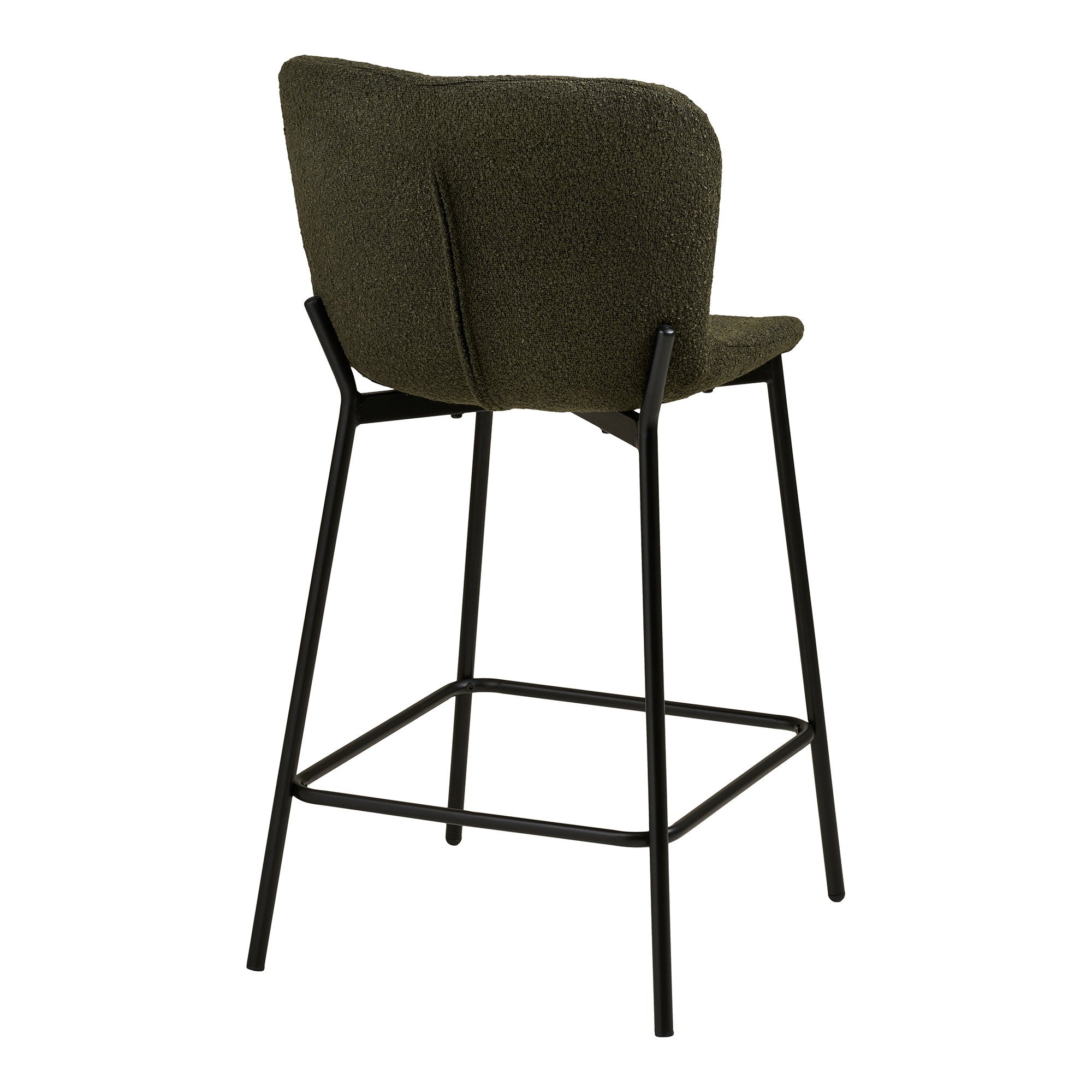 Tabouret bar Maceda bouclé vert kaki vue arrière dossier incurvé épaules relevées pieds laqués noirs