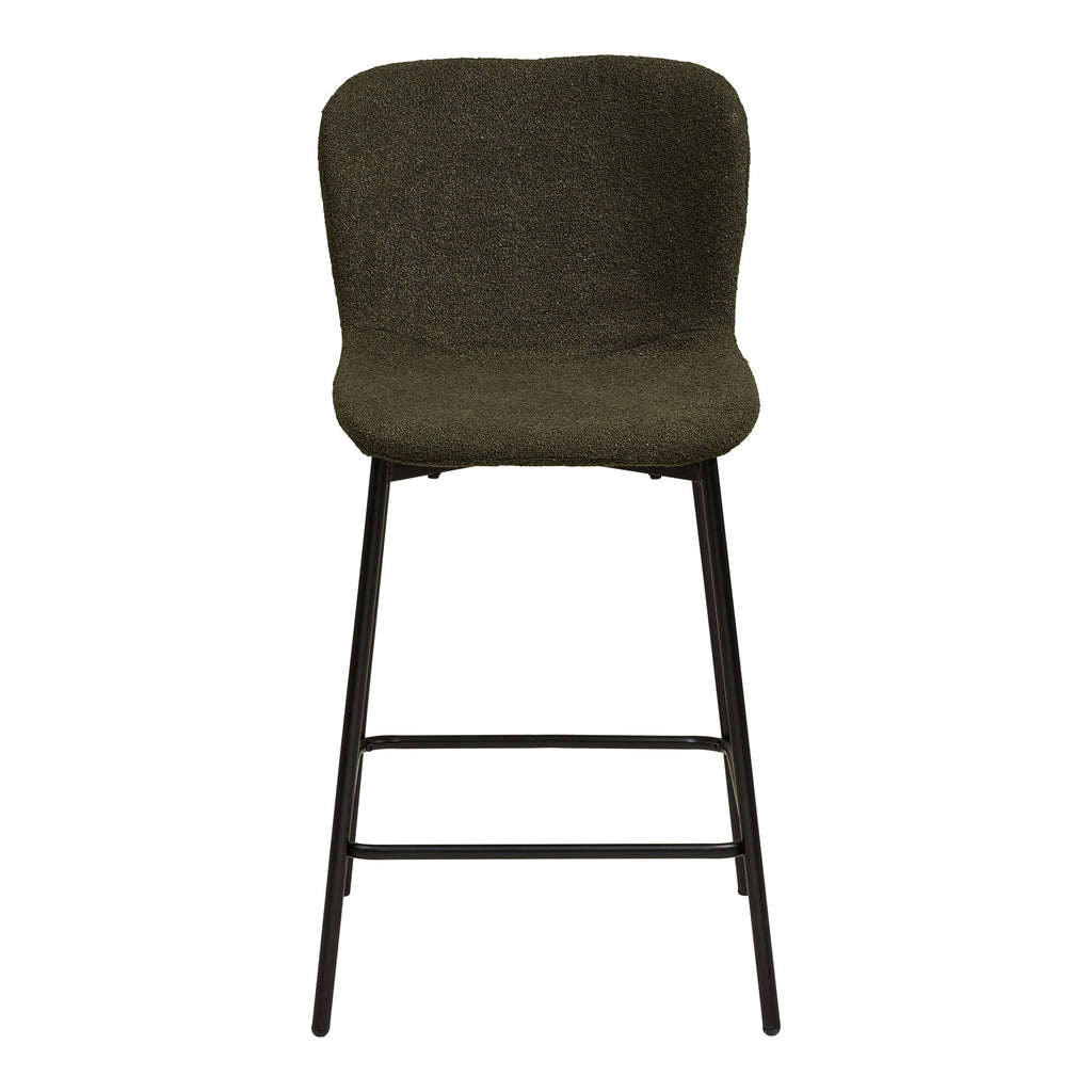 Tabouret bar Maceda bouclé vert kaki vue de face dossier enveloppant pieds noirs repose-pieds intégré