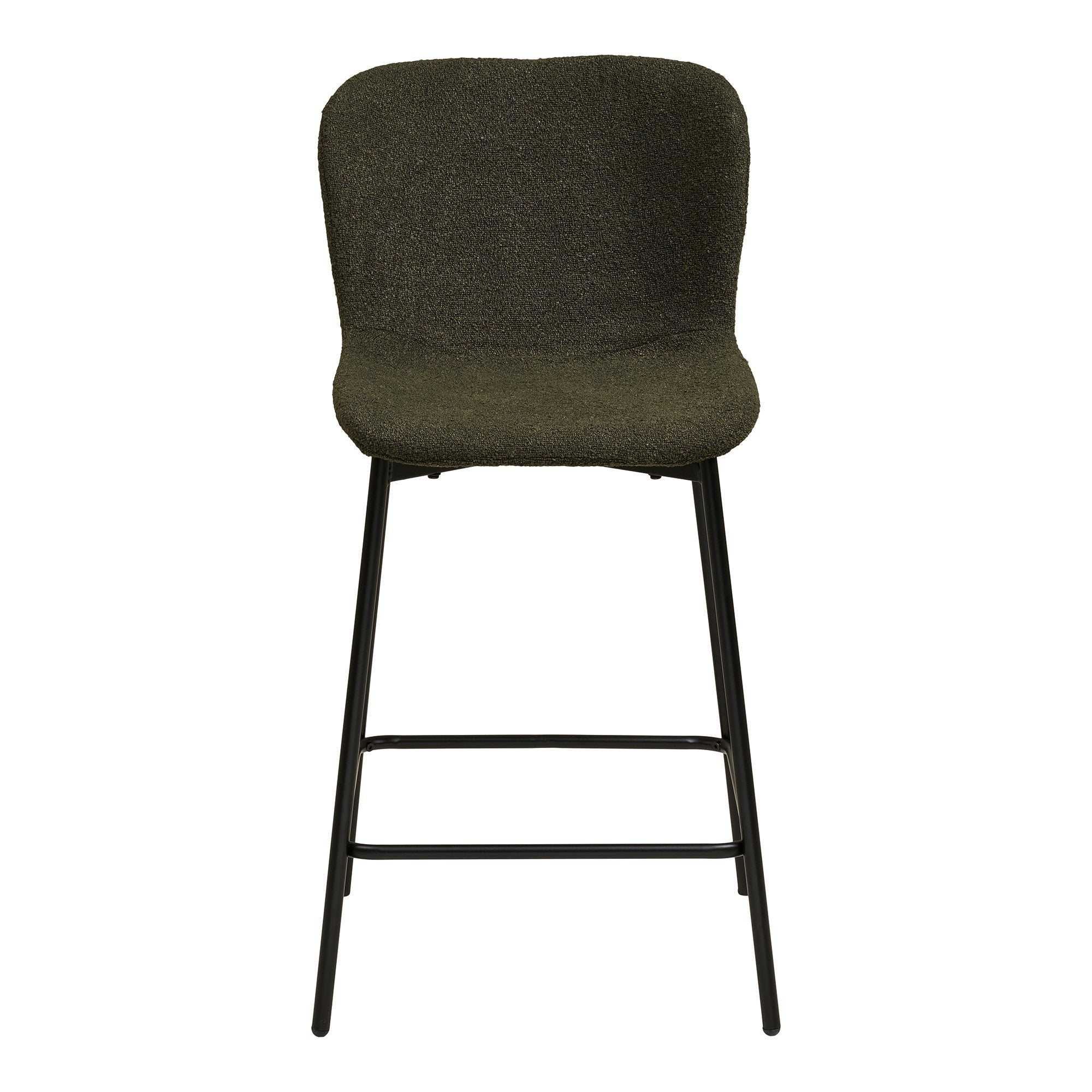 Tabouret bar Maceda bouclé vert kaki vue de face dossier enveloppant pieds noirs repose-pieds intégré