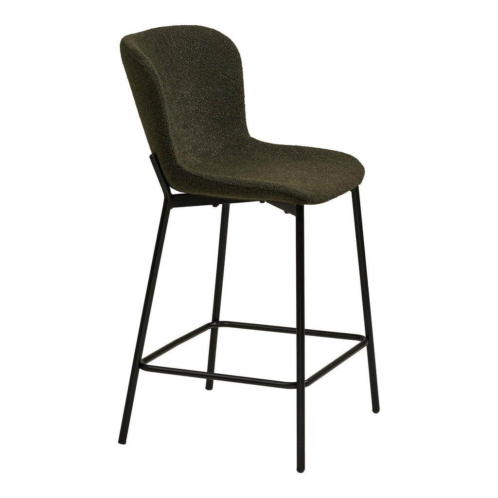 Tabouret Maceda bouclé vert kaki vue trois quarts profil silhouette enveloppante structure acier noir