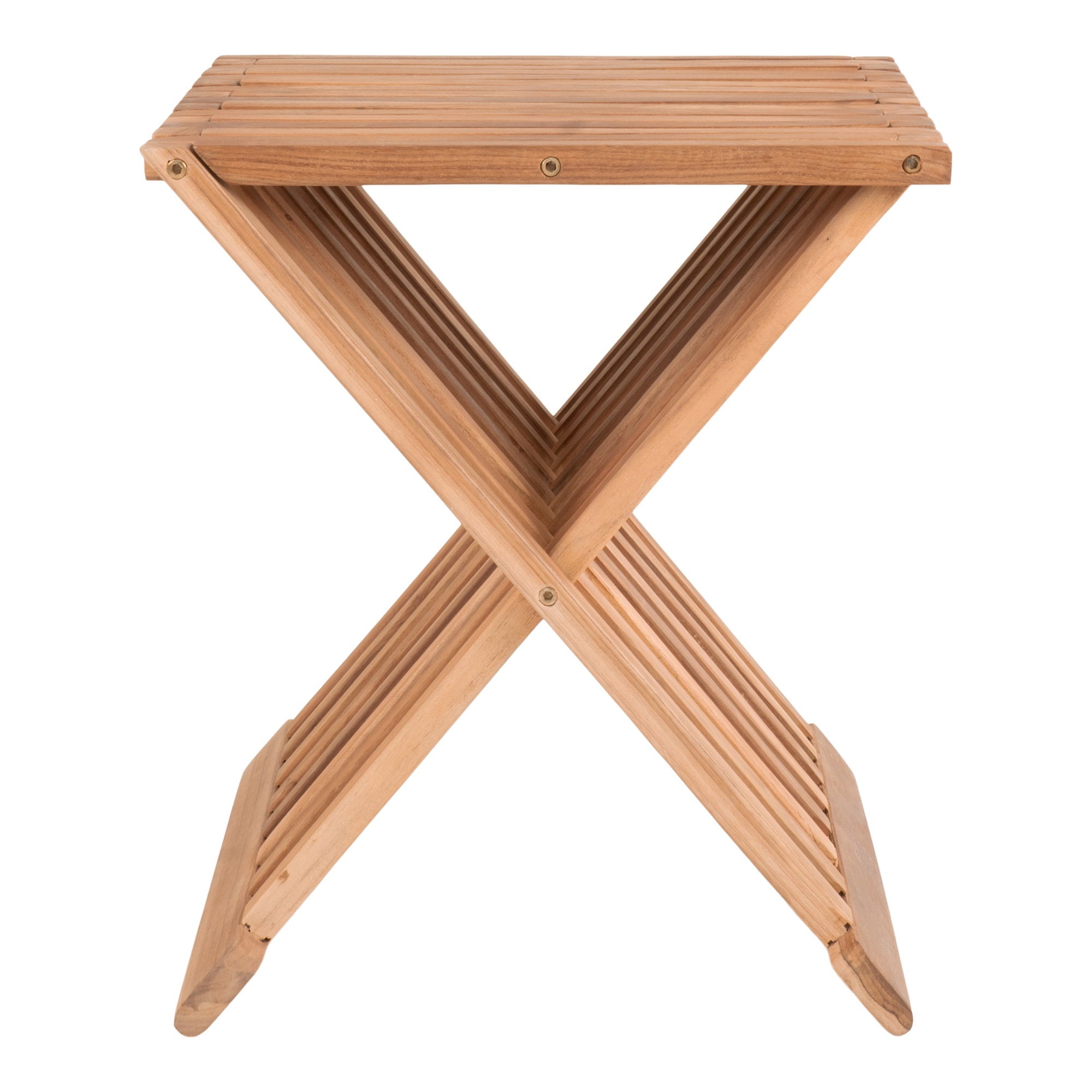 Tabouret pliant Erto teck massif naturel structure en X 40x35x45 cm vue face