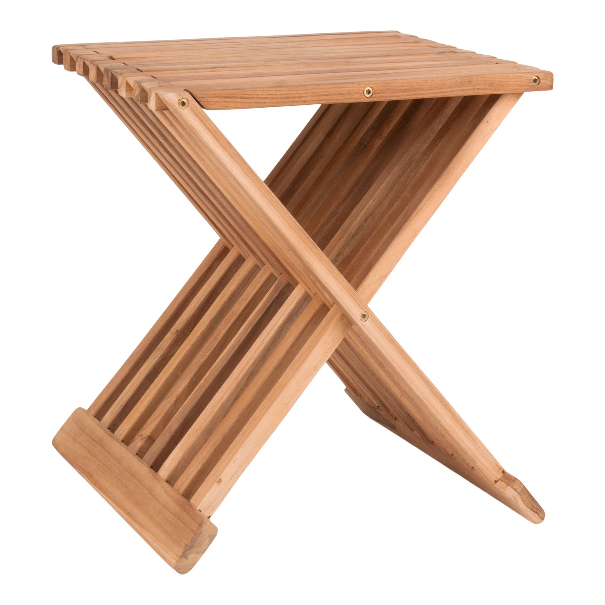 Tabouret pliant Erto teck naturel lames à claire-voie vue trois quarts