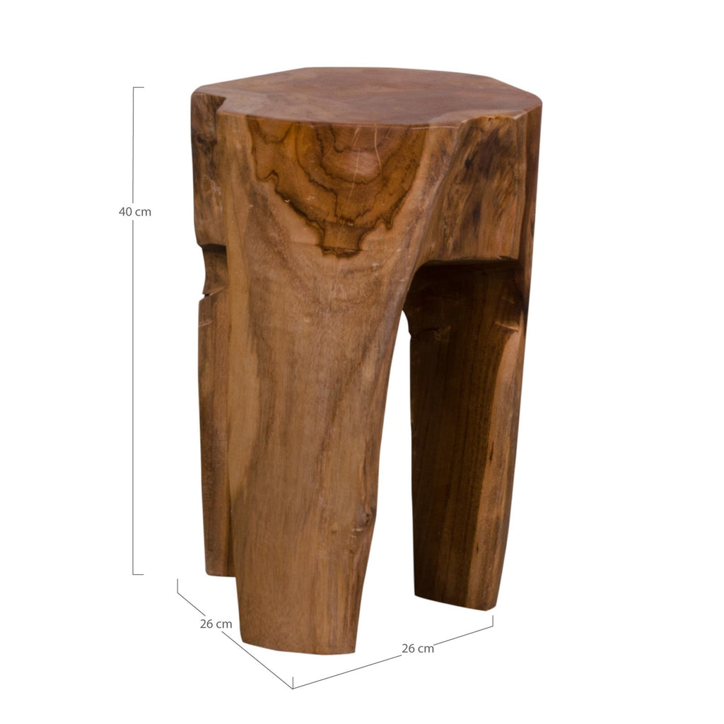 Tabouret Rose teck recyclé vue de côté veines bois naturel 40 cm