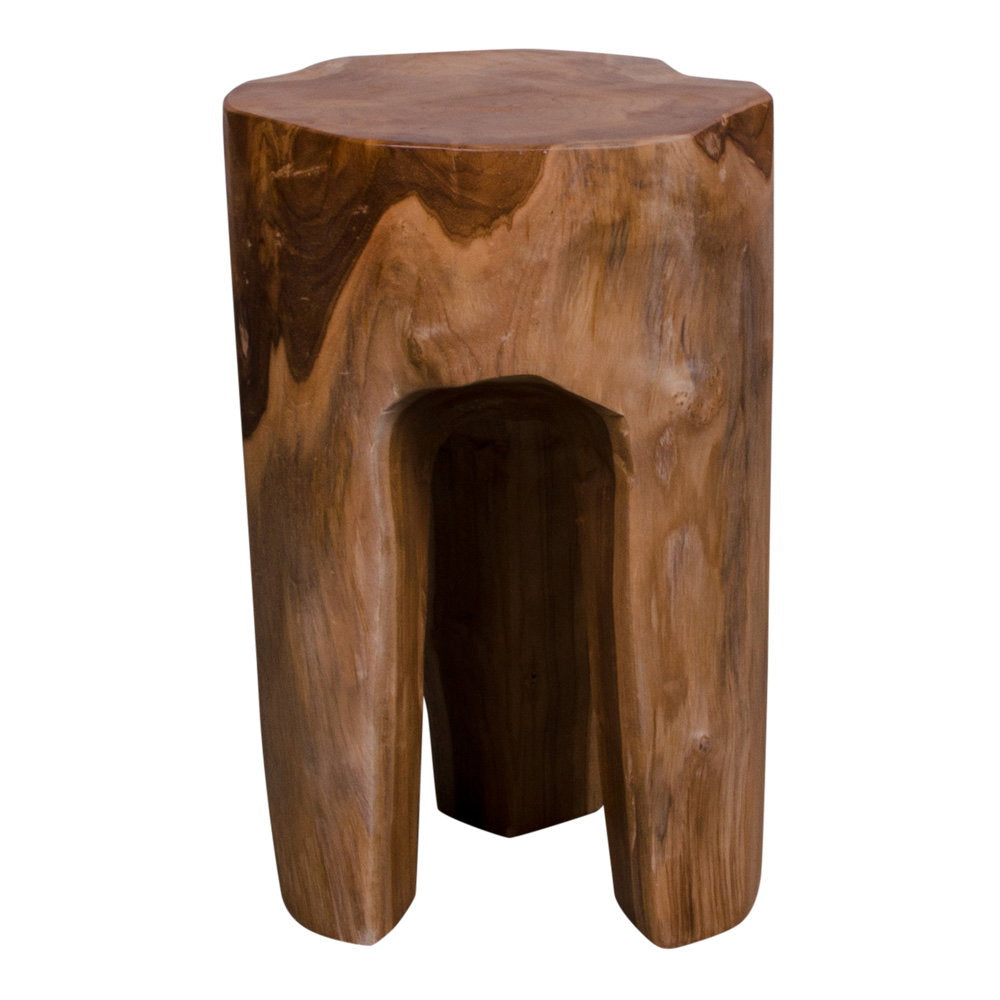 Tabouret Rose teck massif recyclé vue de face silhouette organique naturelle