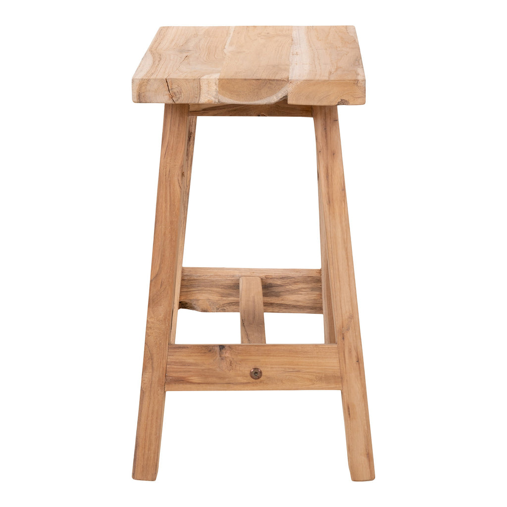 Tabouret Barcelona teck massif recyclé vue profil entrejambe bois structure A naturelle