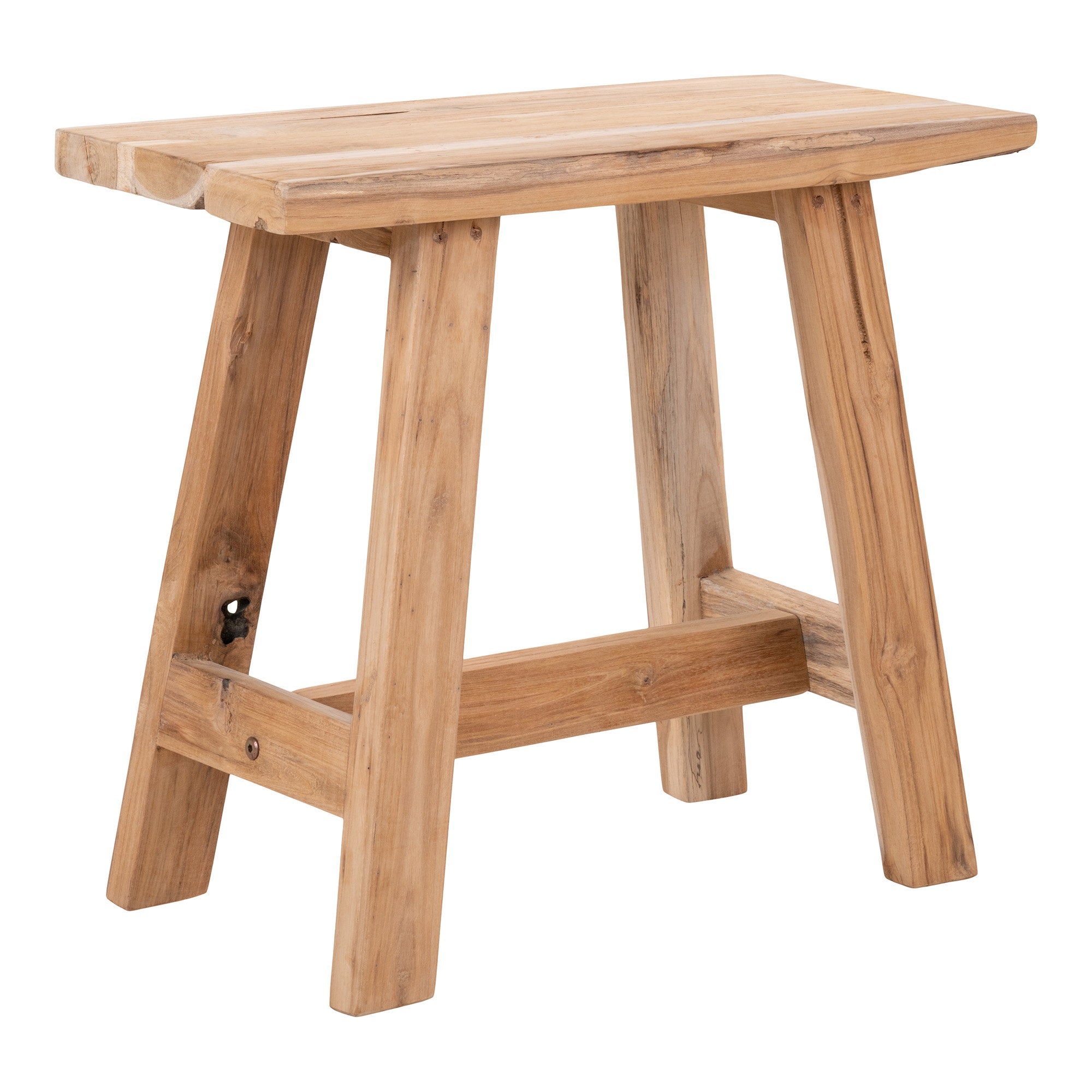 Tabouret en teck recyclé naturel Barcelona vue trois quarts structure en A pieds bois massif