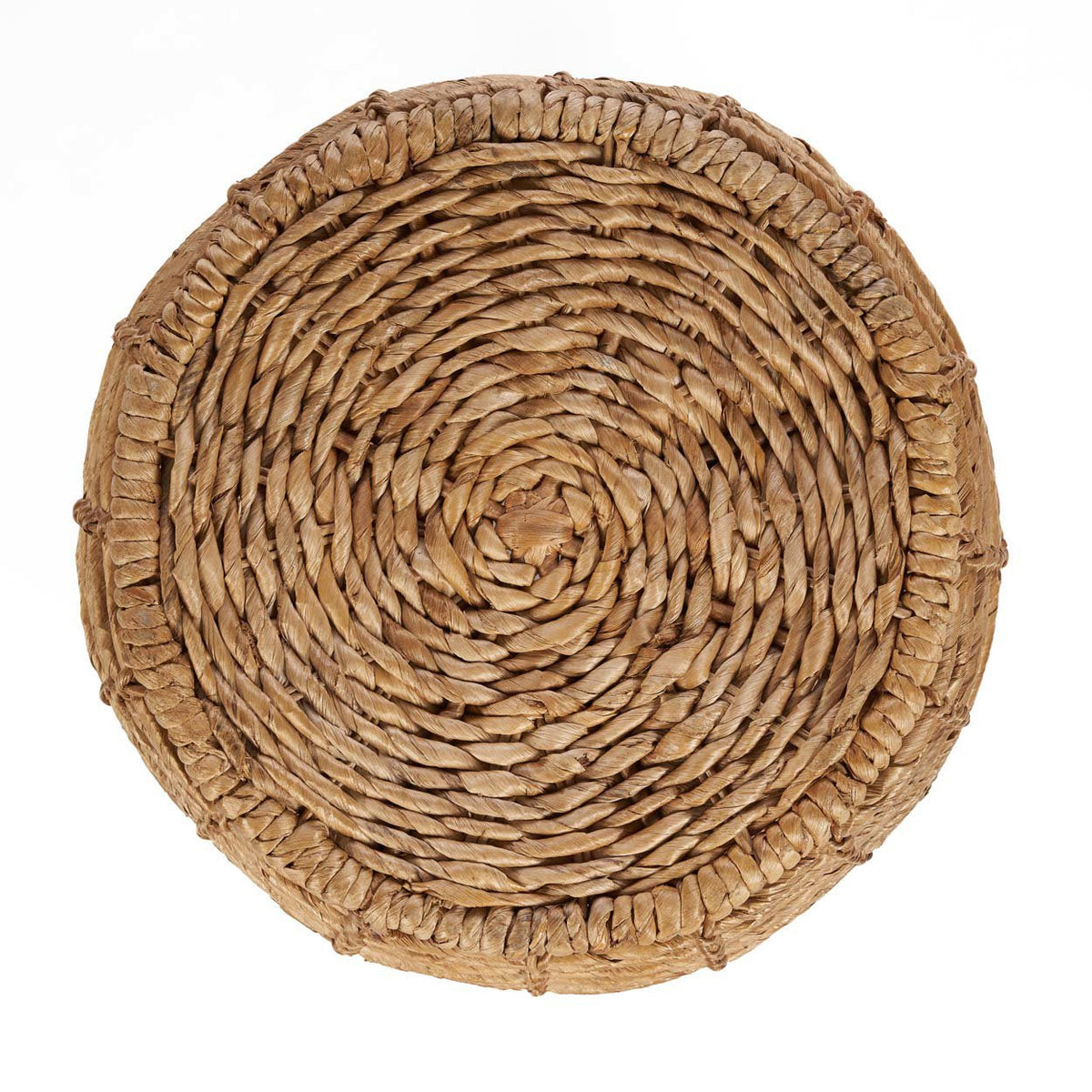 Plateau du tabouret Gustih vu de dessus tressage en spirale de feuille de bananier torsadée