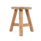 Tabouret Noguchi en teck massif avec son assise ronde ses trois pieds et son entretoise sur fond blanc