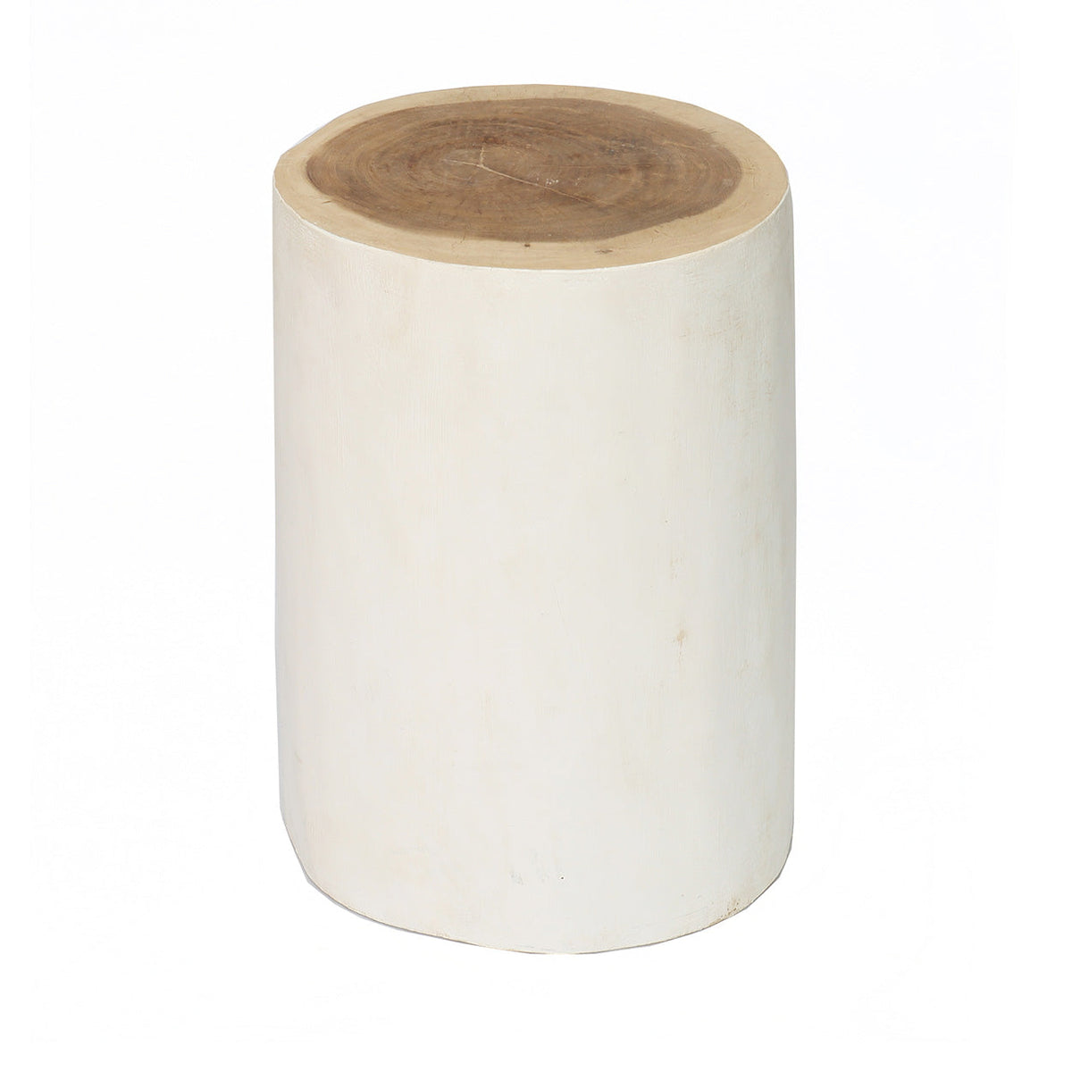 Tabouret Tribe bois blanc vu de trois quarts avec ses flancs blanchis et son dessus en bois brut