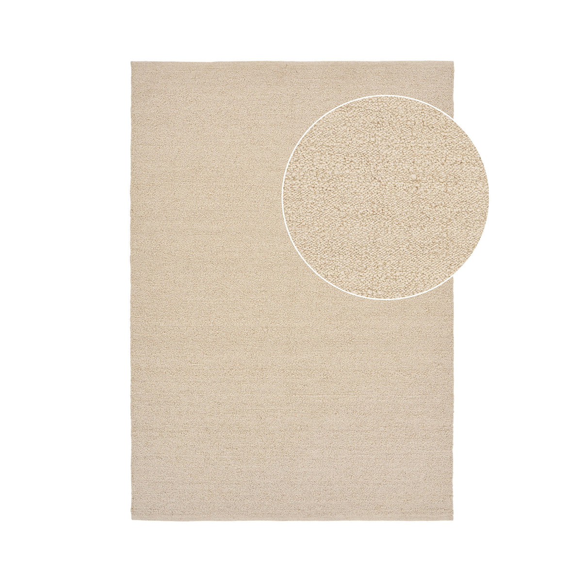 Tapis Bela en laine beige 160 x 230 cm vu de dessus avec un zoom sur son tissage bouclé