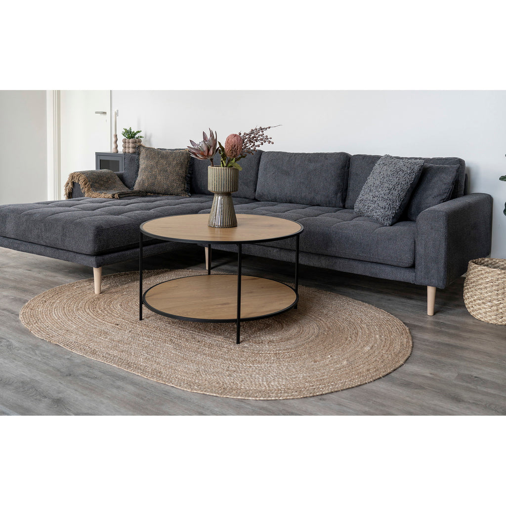 Tapis Bombay jute ovale 140x200 cm salon canapé gris anthracite table basse bois métal