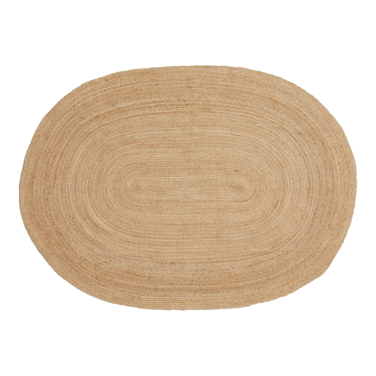 Tapis Bombay ovale en jute tressé 140 x 200 cm vu du dessus spirale de tresse