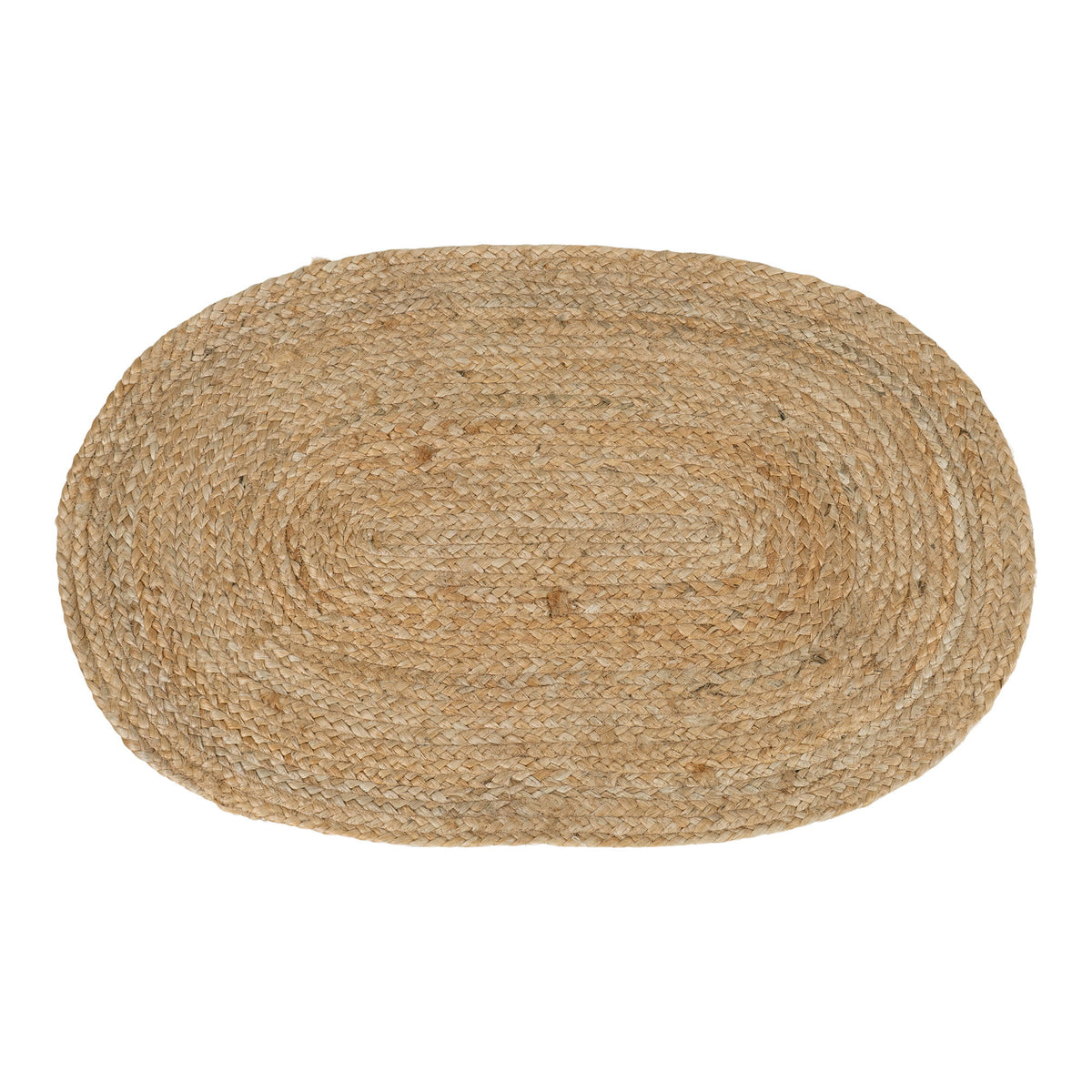 Tapis Bombay ovale en jute tressé 50 x 80 cm vu du dessus spirale de tresse