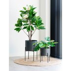 Tapis Bombay jute naturel Ø90 cm salon cache-pots métal noir plantes vertes