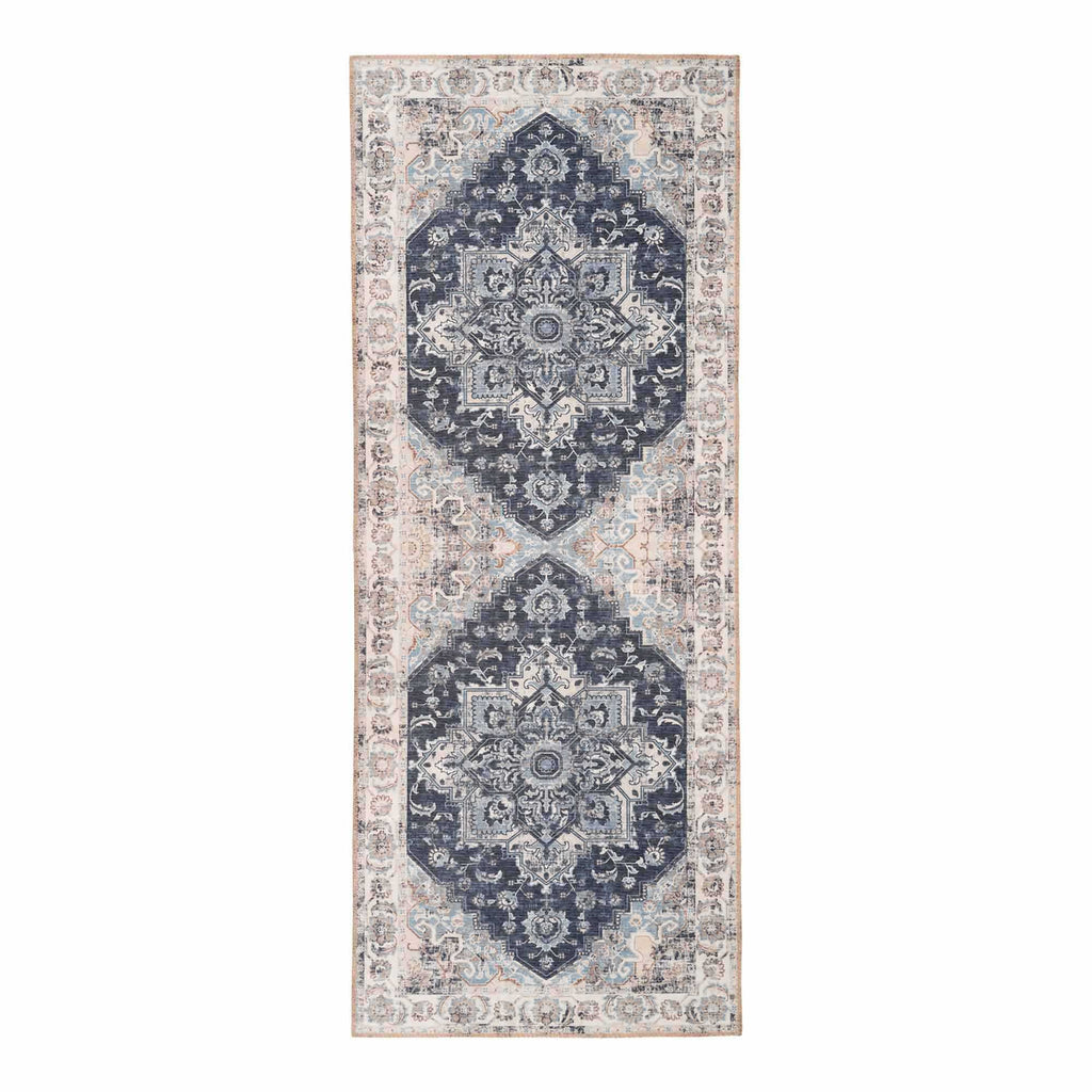 Tapis couloir Havana chenille double médaillon oriental bleu marine ivoire 80x200 cm