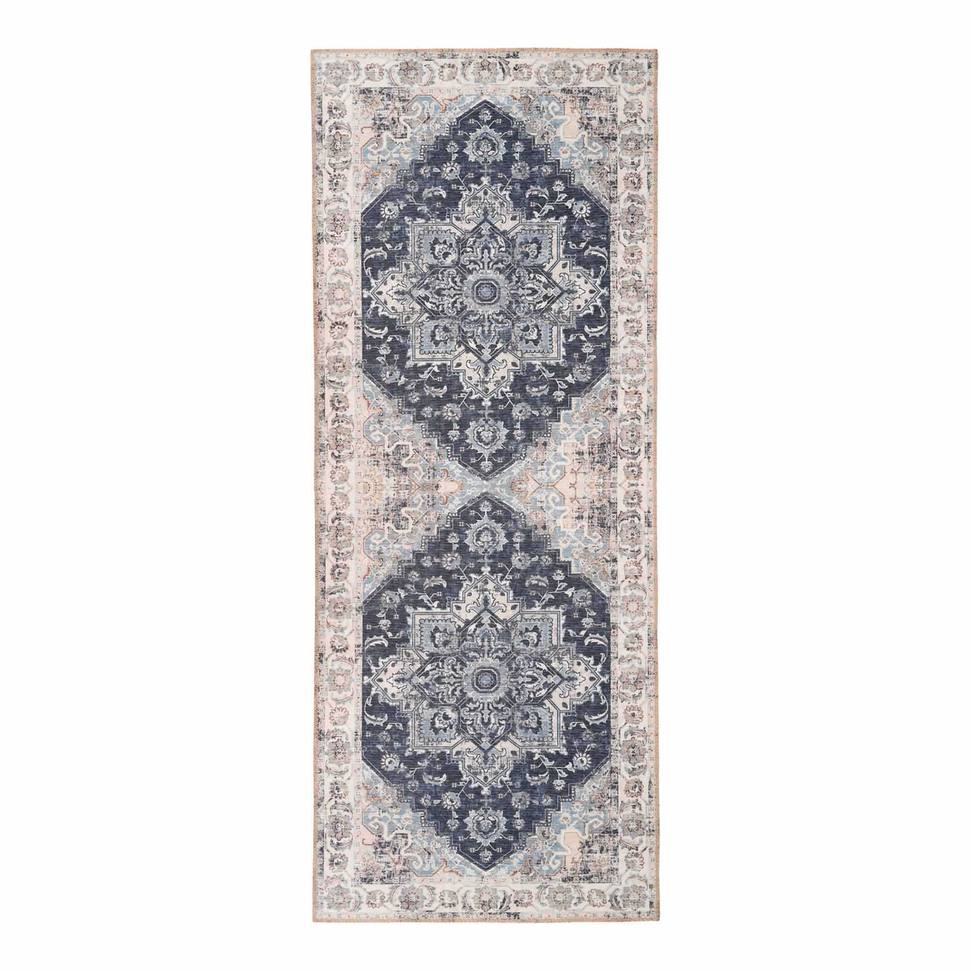 Tapis couloir Havana chenille double médaillon oriental bleu marine ivoire 80x200 cm