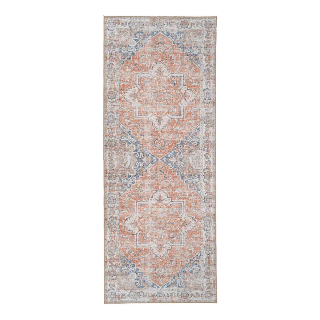 Tapis couloir Havana chenille double médaillon oriental terracotta bleu 80x200 cm