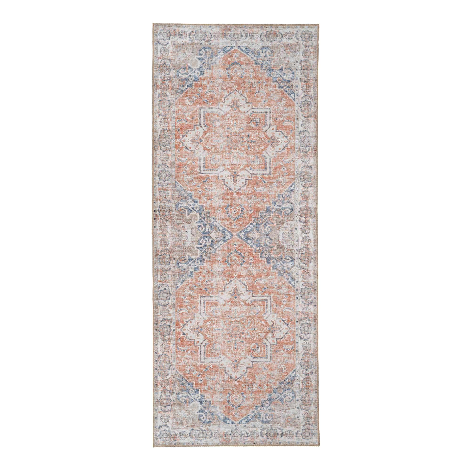 Tapis couloir Havana chenille double médaillon oriental terracotta bleu 80x200 cm