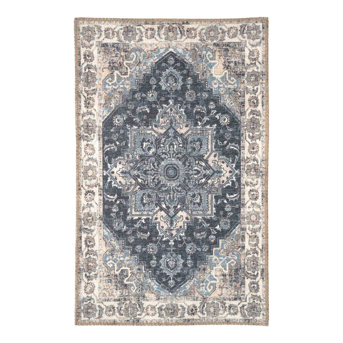 Tapis d'entrée Havana chenille médaillon bleu vu de dessus avec son médaillon bleu marine et sa bordure ivoire fleurie