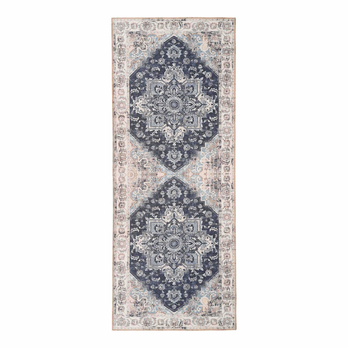 Tapis de couloir Havana chenille médaillon bleu vu de dessus avec deux médaillons bleu marine et une bordure ivoire fleurie