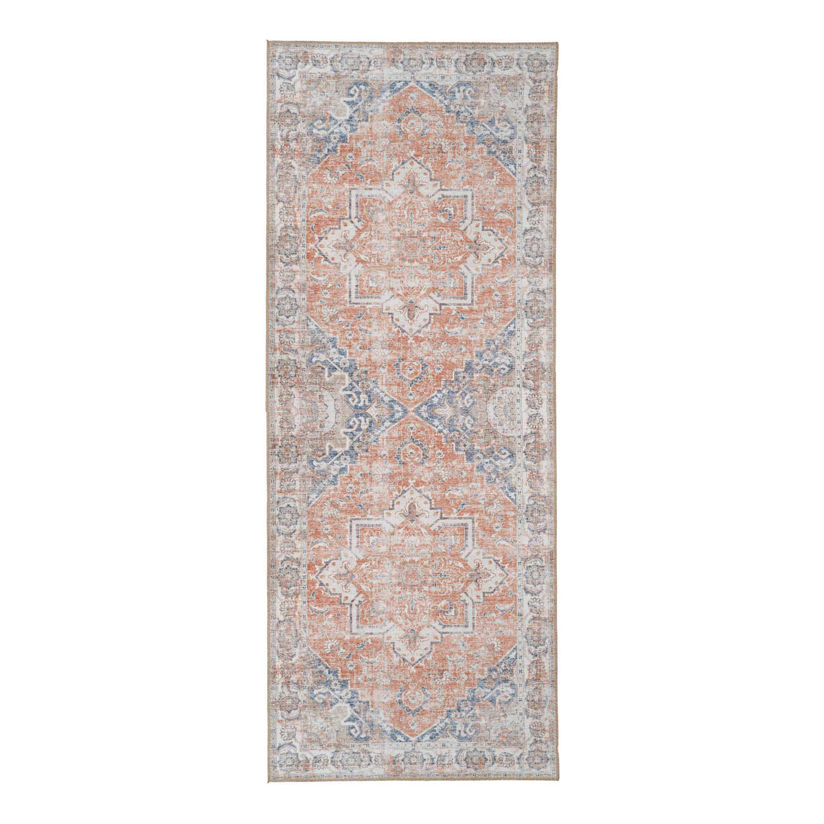 Tapis de couloir Havana chenille médaillon terracotta vu de dessus avec deux médaillons et une bordure ivoire fleurie