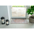 Tapis Havana orange bleu ambiance entrée porte baie vitrée carrelage blanc