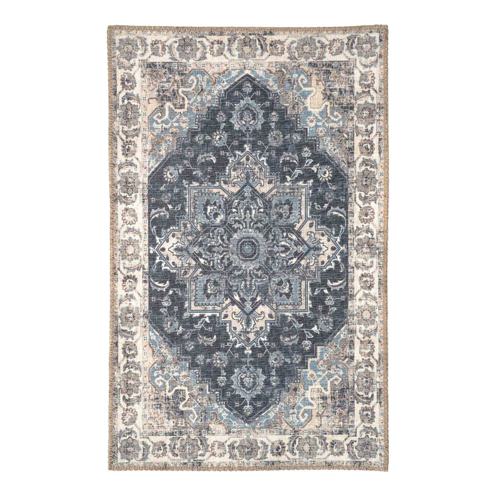 Tapis d'entrée Havana chenille médaillon oriental bleu marine ivoire 50x80 cm vue dessus