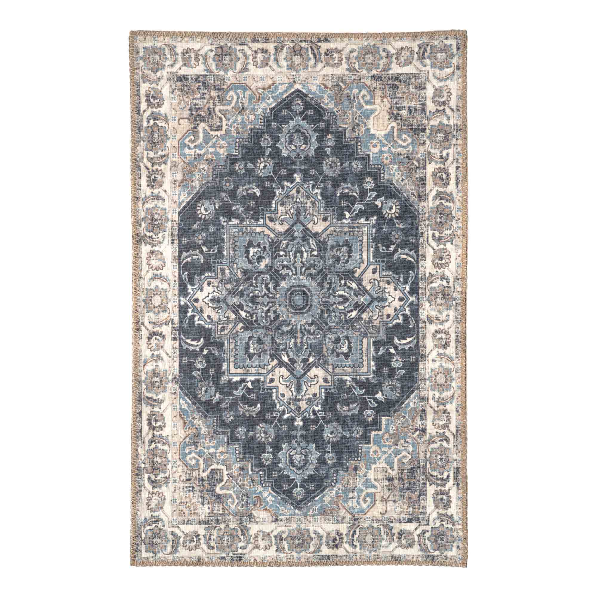 Tapis d'entrée Havana chenille médaillon oriental bleu marine ivoire 50x80 cm vue dessus