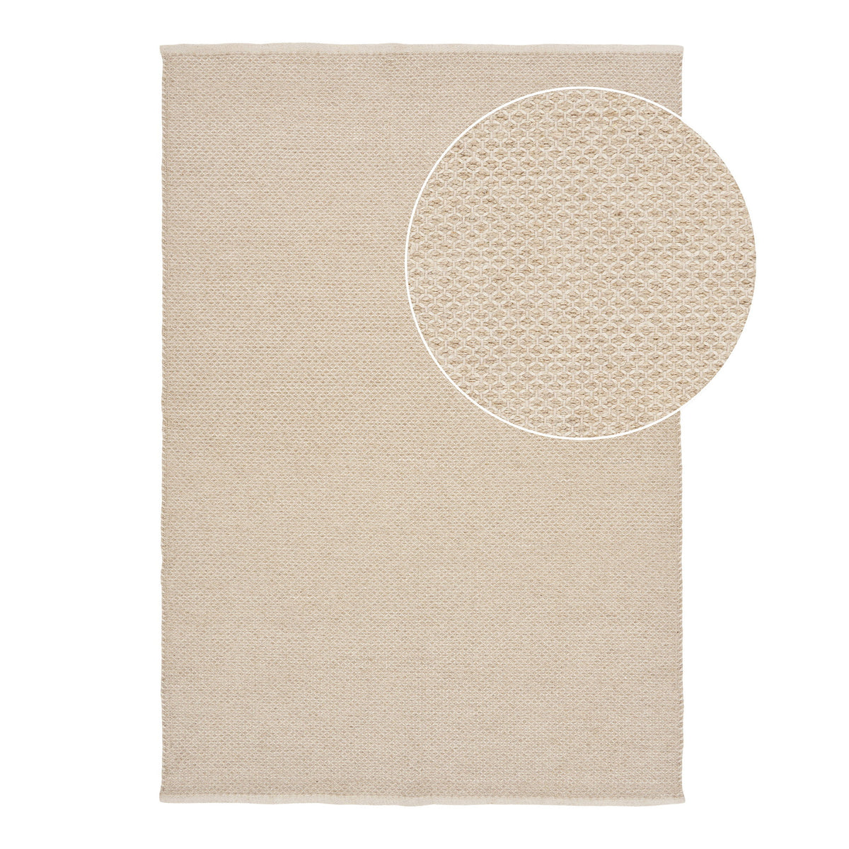 Tapis Gaya laine beige 200 x 300 cm vu à plat avec un zoom sur sa trame en nid d'abeille