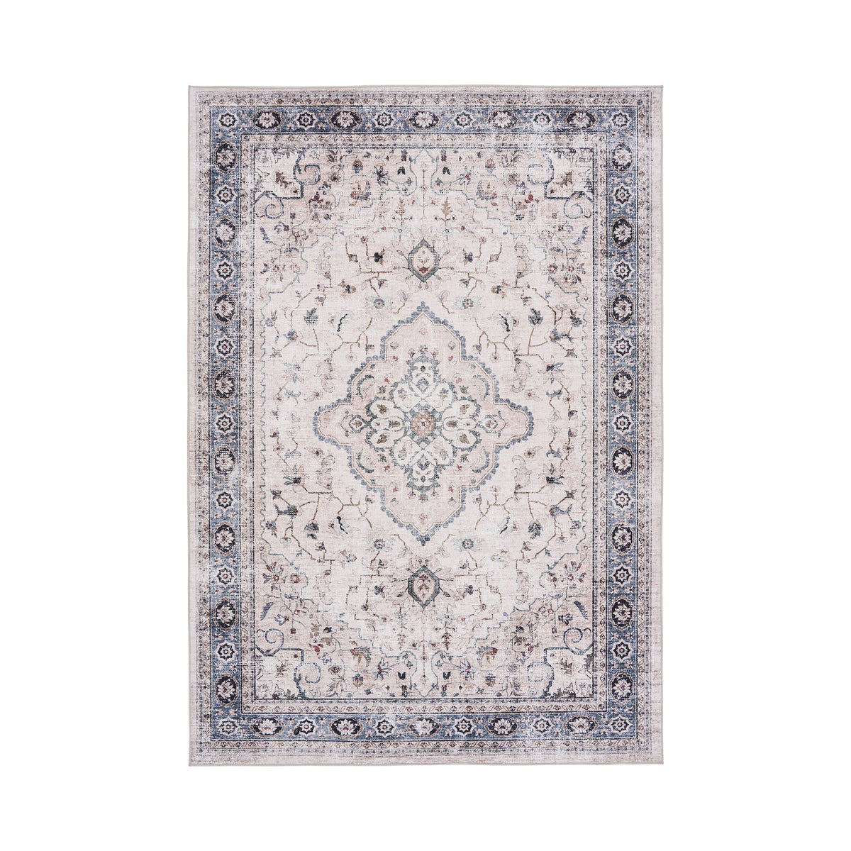 Tapis Havana beige 160 x 230 cm vu de dessus avec son médaillon central et sa bordure bleu poudré