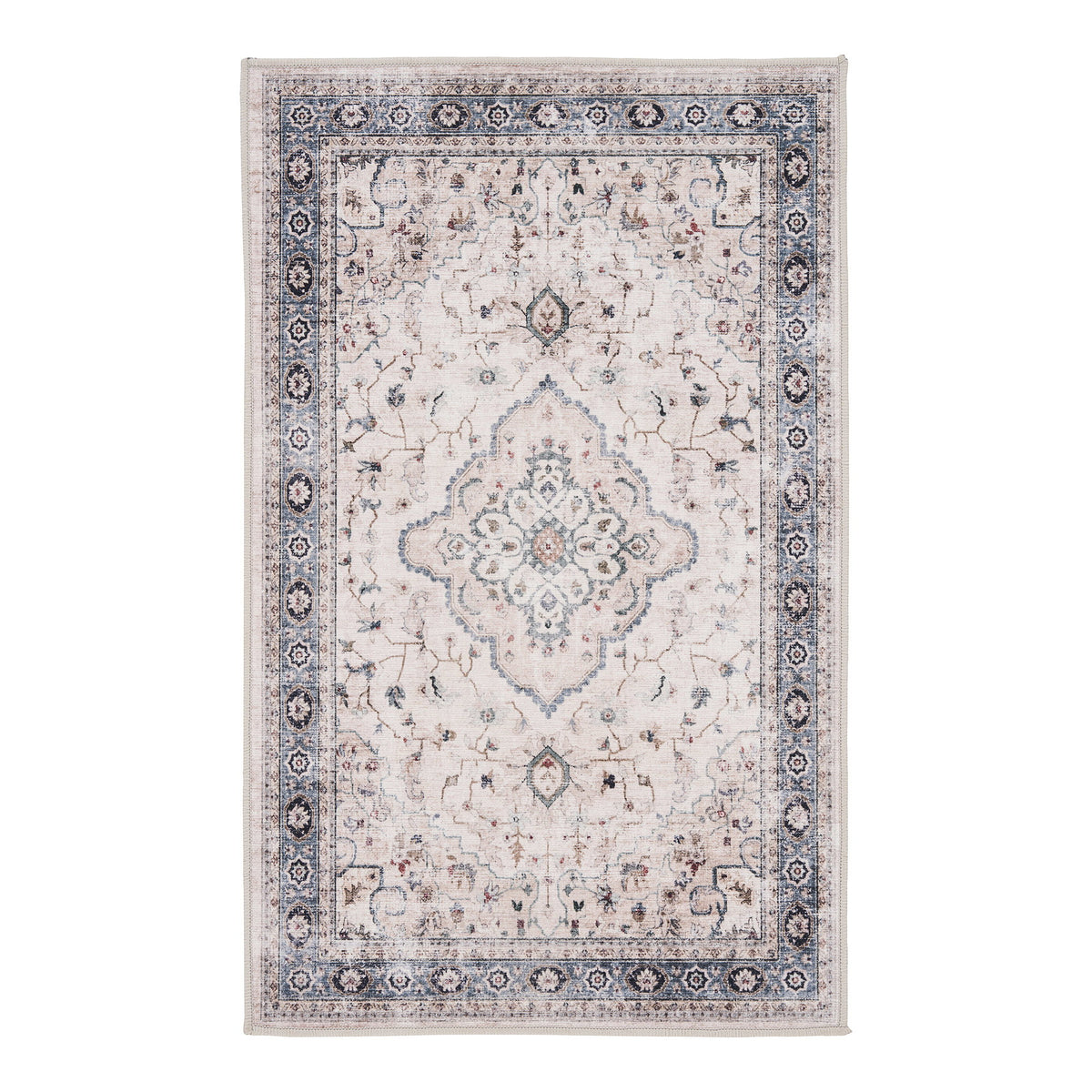Tapis Havana beige 50 x 80 cm vu de dessus avec son médaillon central et sa bordure bleu poudré