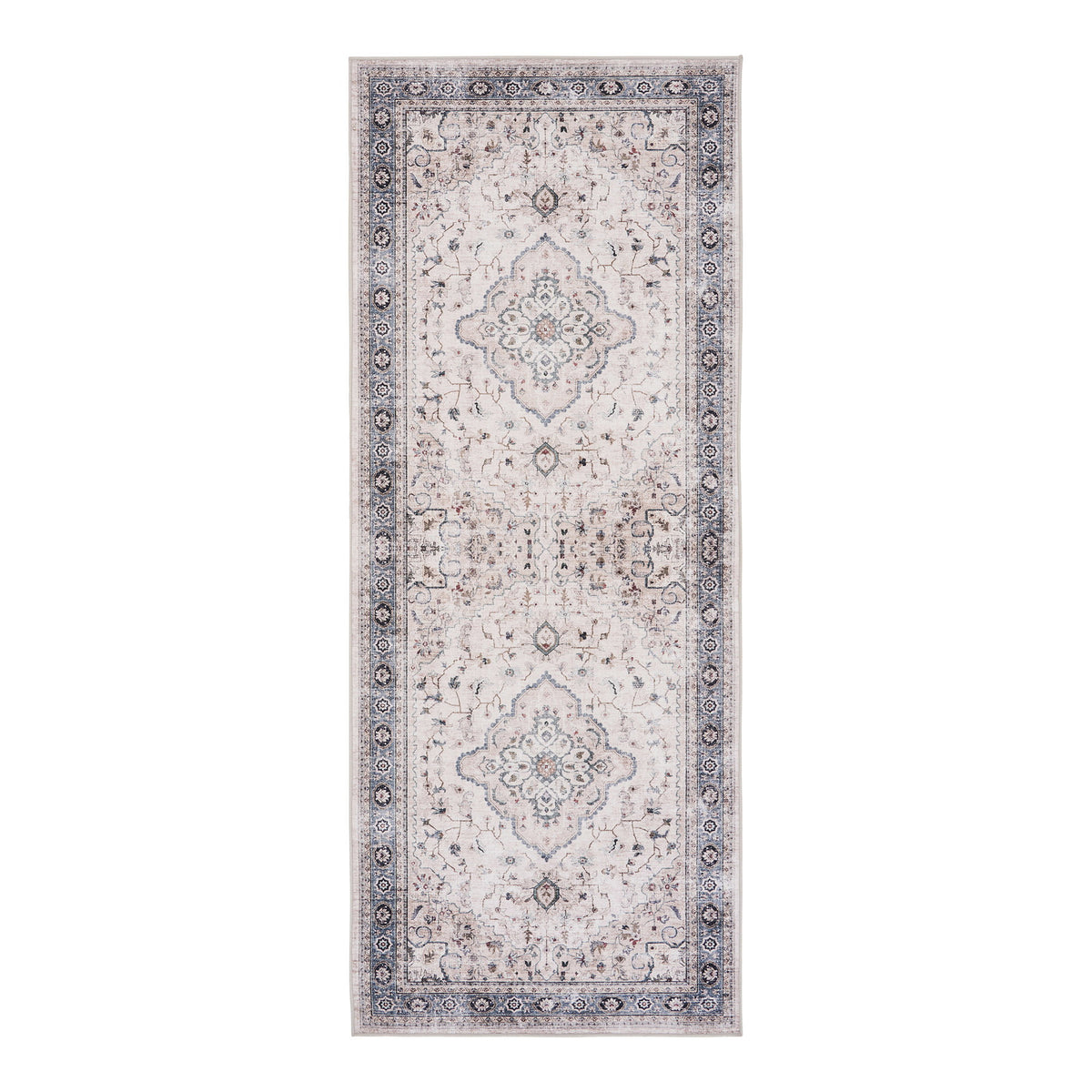 Tapis de couloir Havana beige 80 x 200 cm vu de dessus avec deux médaillons et sa bordure bleu poudré