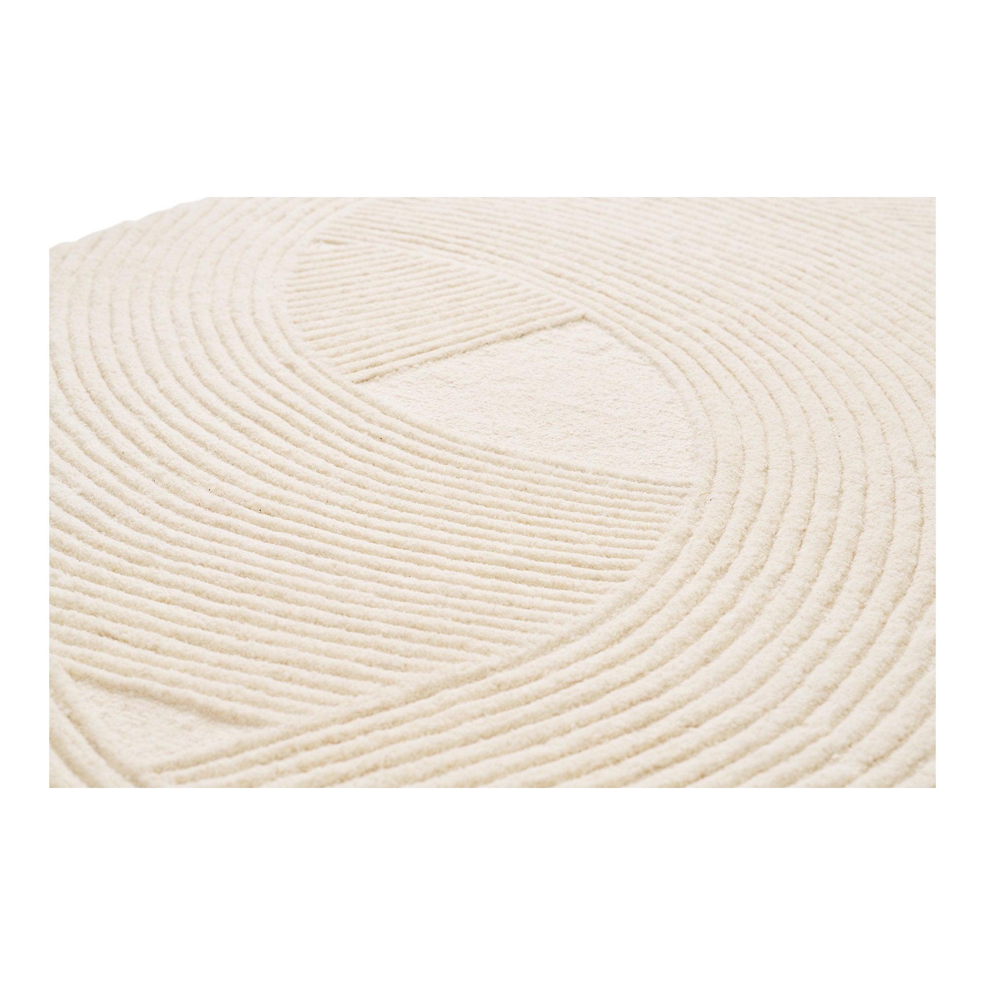 Tapis Pune laine ivoire détail motif relief arcs concentriques touffetage main