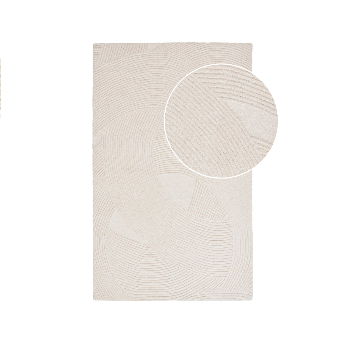 Tapis Pune laine ivoire vu du dessus avec une loupe sur ses arcs en relief